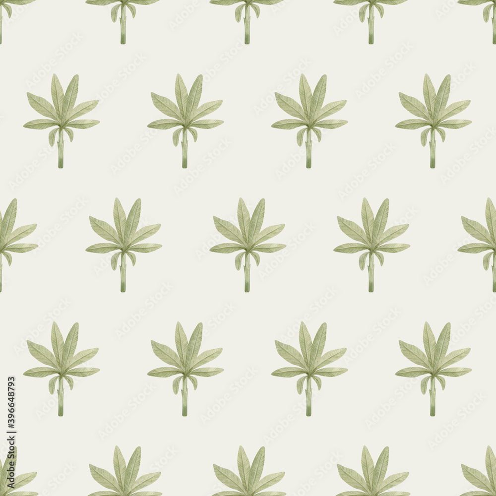 Watercolor seamless pattern with tropical palm trees. Banana palm. Gently green background with wildlife jungle elements. Cute vintage wallpaper, wrapping
