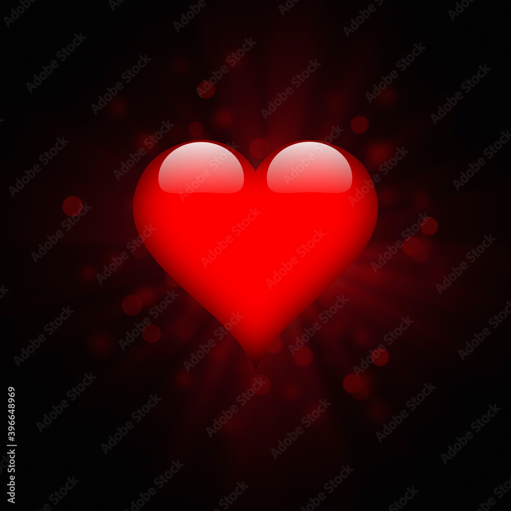 Valentine's Day background of a shining red heart and bokeh on black background