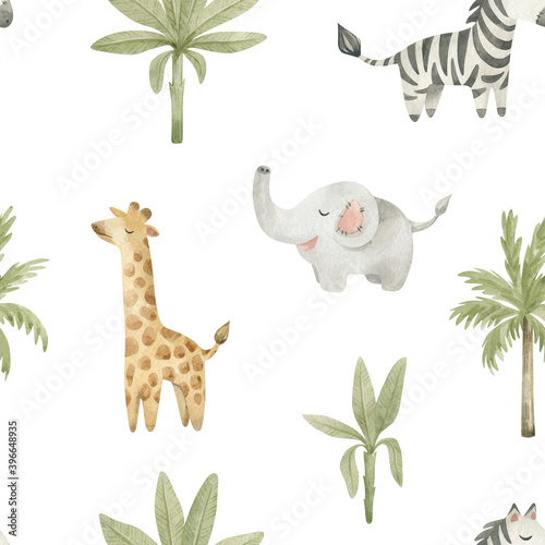 Watercolor seamless pattern with cute African animals. Elephant  giraffe  zebra  palm trees. Cute background for nursery design  baby textile