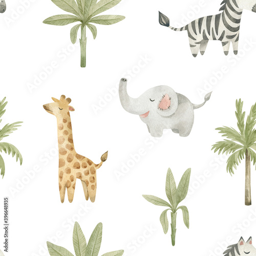 Photography Watercolor seamless pattern with cute African animals