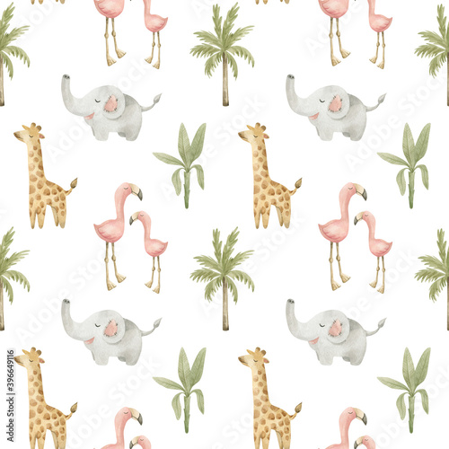 Canvas Print Watercolor seamless pattern with cute African animals