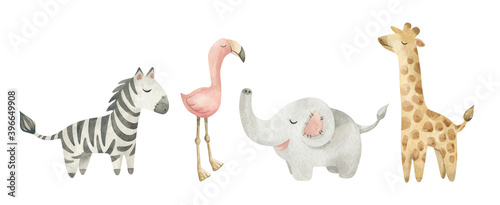 Fototapeta Naklejka Na Ścianę i Meble -  Watercolor illustration set with cute toys for kids. Zebra, flamingo, elephant, giraffe. Nursery design elements. Hand drawn animals. Baby home decor