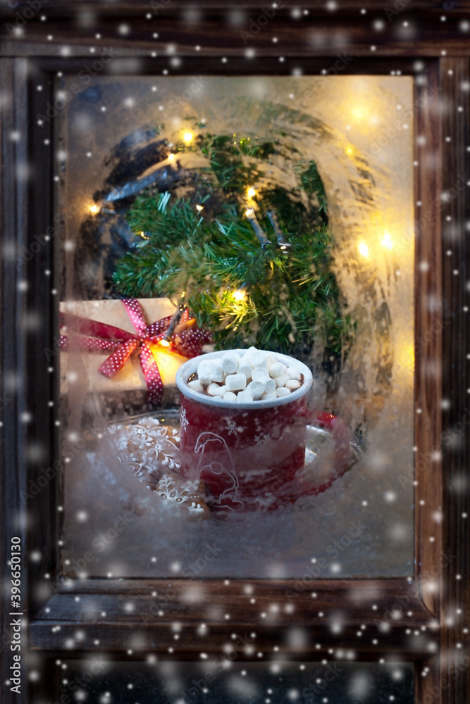 Atmospheric Christmas window sill decoration with lights