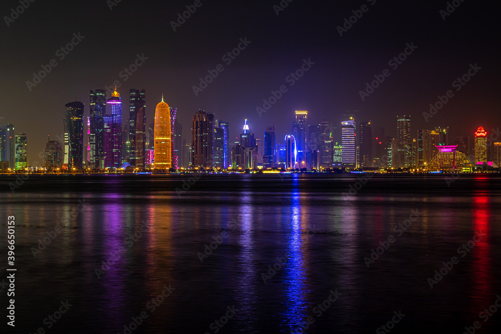 Night panoramic view of Doha skyline.