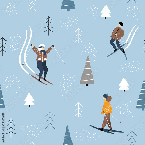 Seamless pattern with skiers and trees. Winter holiday print. Vector hand drawn illustration.