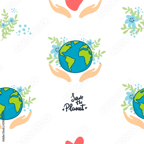 hands with earth holding the globe, flat vector sticker, poster, etc. Save the Planet. earth with flowers on white, hand drawing seamless pattern on white