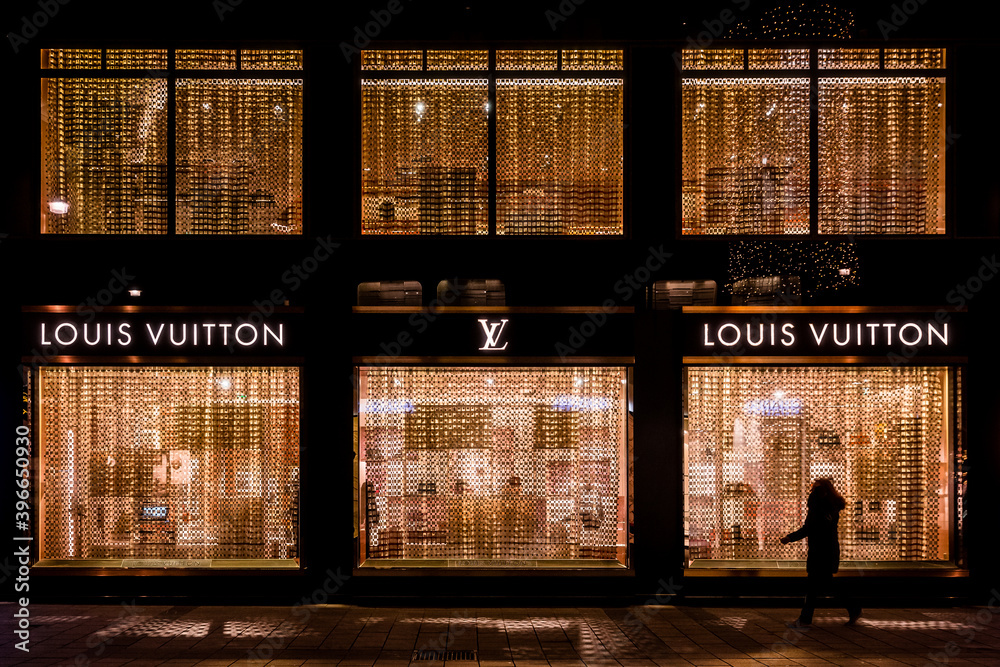 Vienna, Austria: Louis Vuitton shop facade in the city center illuminated  in the night Stock Photo | Adobe Stock