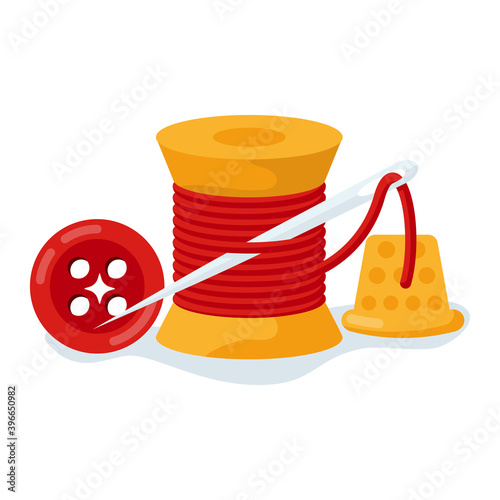 Spool of thread with a needle and a thimble. Cartoon icon. Logo for atelier tailoring. Tailor tools. Vector illustration flat design. Isolated on white background. Sewing craft. Purple thread.