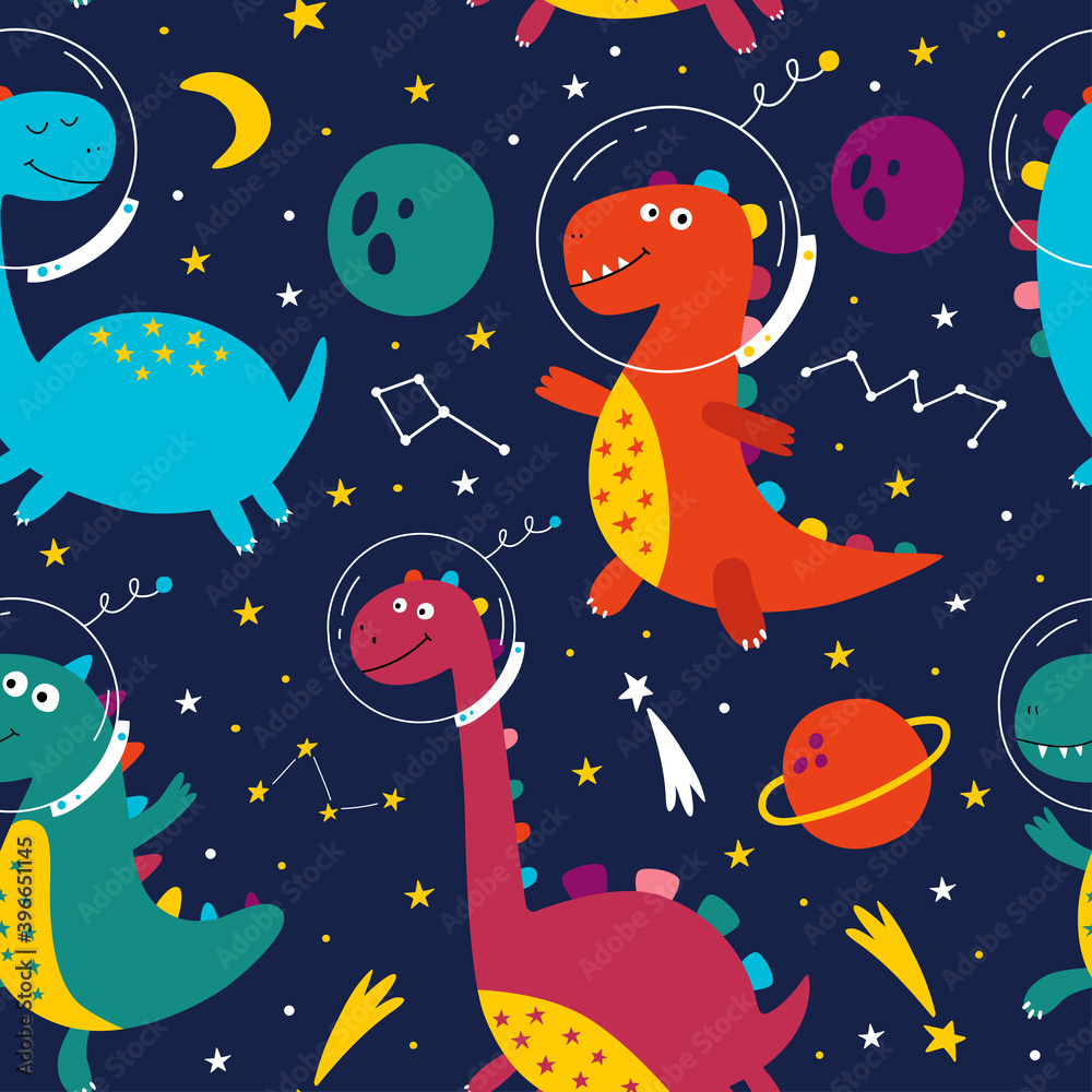 Seamless pattern with a cute dinosaurs in space. Dinosaur cosmonaut. Hand drawn vector illustration. Baby print. Great for childish textile, wallpaper.