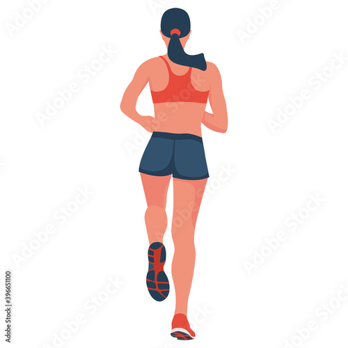 Running woman. Isolated on white background. Young attractive girl. Active lifestyle. Sports and fitness. View from the back. Vector illustration flat design. Athletic body.