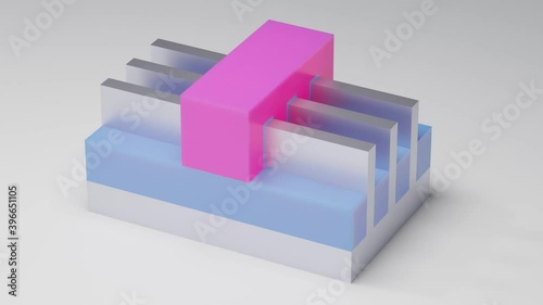 FINFET Trigate (Multigate Fin FET) transistor 3D render model. It is used for building semiconductor chips and integrated circuits at nano scale. Pink - Gate, blue - Insulator, silver - Substrate photo