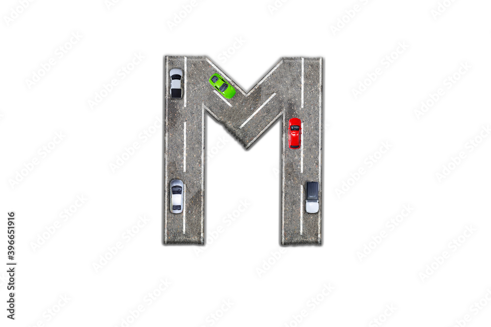 The letter M of the English alphabet made from an asphalt road on which cars are driving, 3D illustration The letter M of the English alphabet made from an asphalt road on which cars are driving, 3D illustration