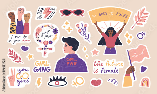 Big collection of trendy feminism stickers  cute woman characters and inspiration quotes. International women s day. Modern motivation pack  girls power. Colored vector flat cartoon illustration.