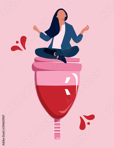Girl sitting and meditating on big menstrual cup with blood.Pms, woman hygiene and healthcare concept.Vector in trendy style.Female periods and critical days.Zero waste and reusable goods.