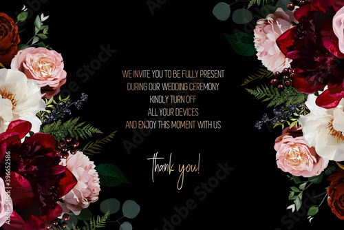 Elegant dark frame, arranged leaves and flowers