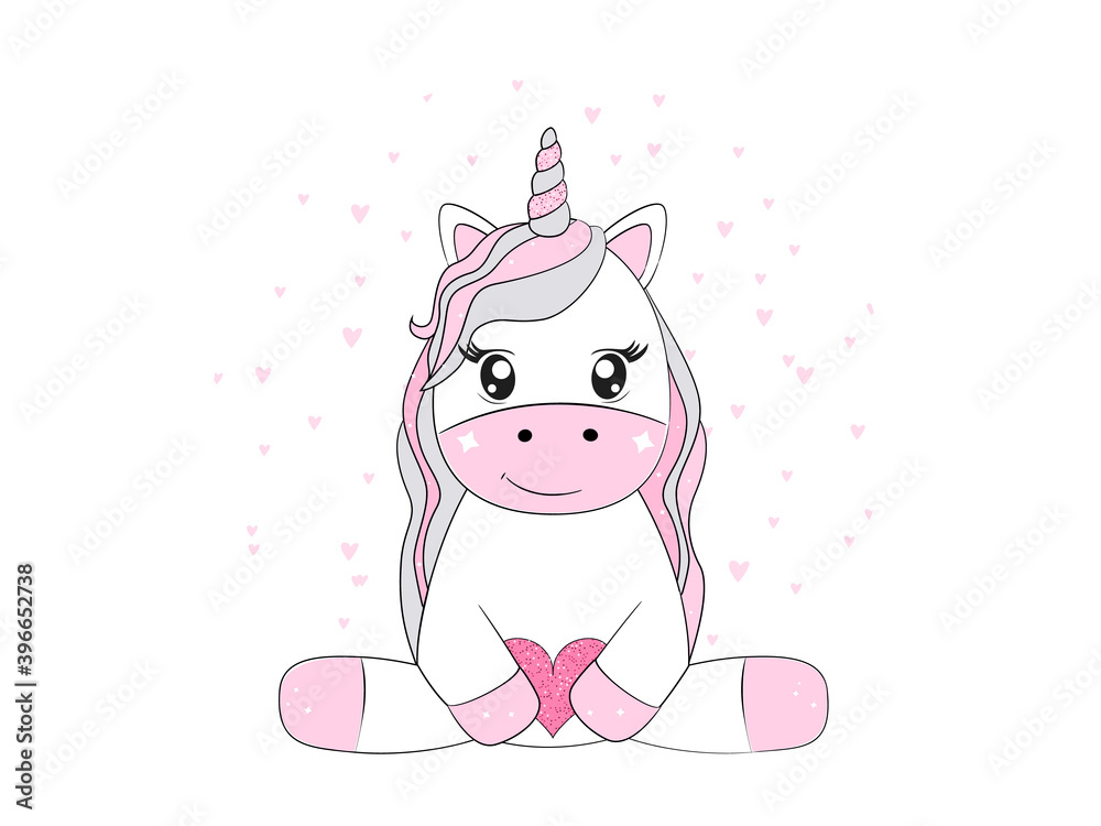 Cute unicorn baby girl holds the heart. Vector illustration in cartoon style.