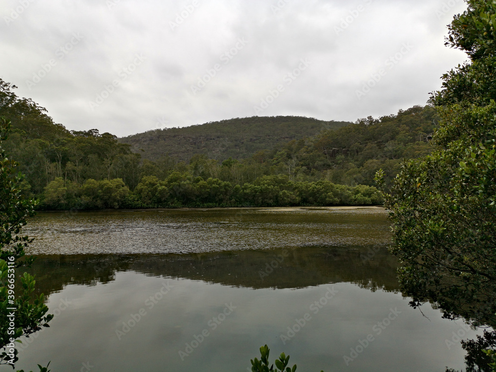 Beautiful view of a creek with reflections of cloudy sky, mountains and trees on water, Crosslands Reserve, Berowra Valley National Park, New South Wales, Australia
