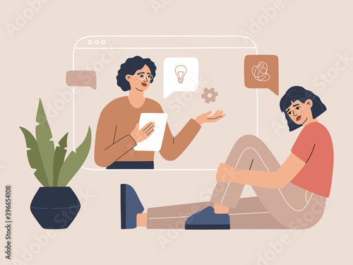 Online psychotherapy, psychological counseling, video call session, help with problems, doctor and patient discussing. Vector illustration in modern flat cartoon style, isolated on white background. 