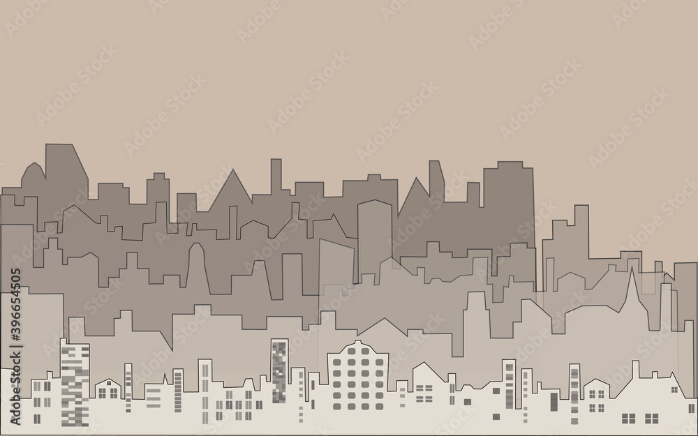 Set of silhouette buildings. Jpeg illustration in sepia