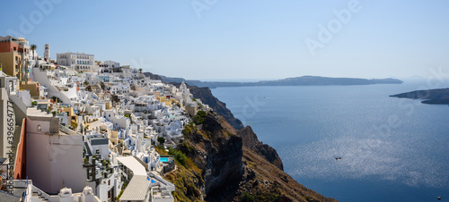 Panorama of Fira, the main town on the Santorini Island. Cyclades, Greece