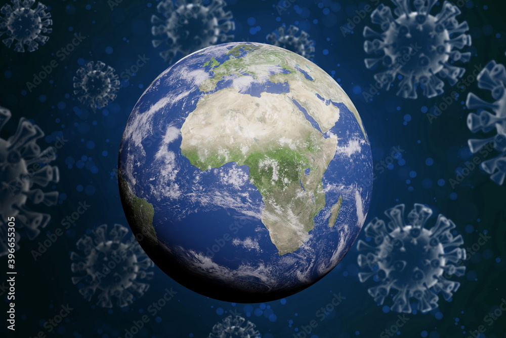 Fototapeta premium The earth under coronavirus covid-19 attack. The planet earth surrounded by coronavirus particles concept