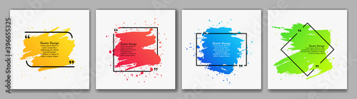 Vector illustration. Quote frames blank templates set. Text in brackets. Dynamic frames on white background. Colorful banners collection. Social media template. Ink brush strokes with splashes