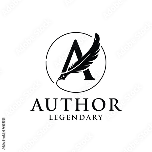 Monogram initial letter A with feather pen for author logo design template
