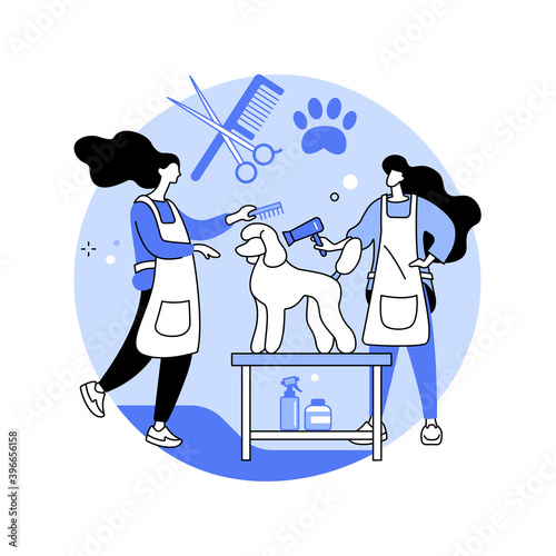 Grooming salon abstract concept vector illustration. Grooming appointment in salon, mobile pet service, beauty shop, doggie day spa, haircut, paws treatment parlor, animal care abstract metaphor.