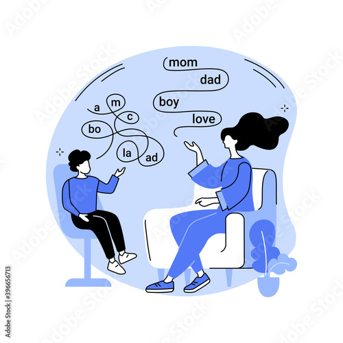 Speech therapy abstract concept vector illustration. Speech pathology therapy, improve language, development delay, speaking disability treatment, tongue exercise at home abstract metaphor.