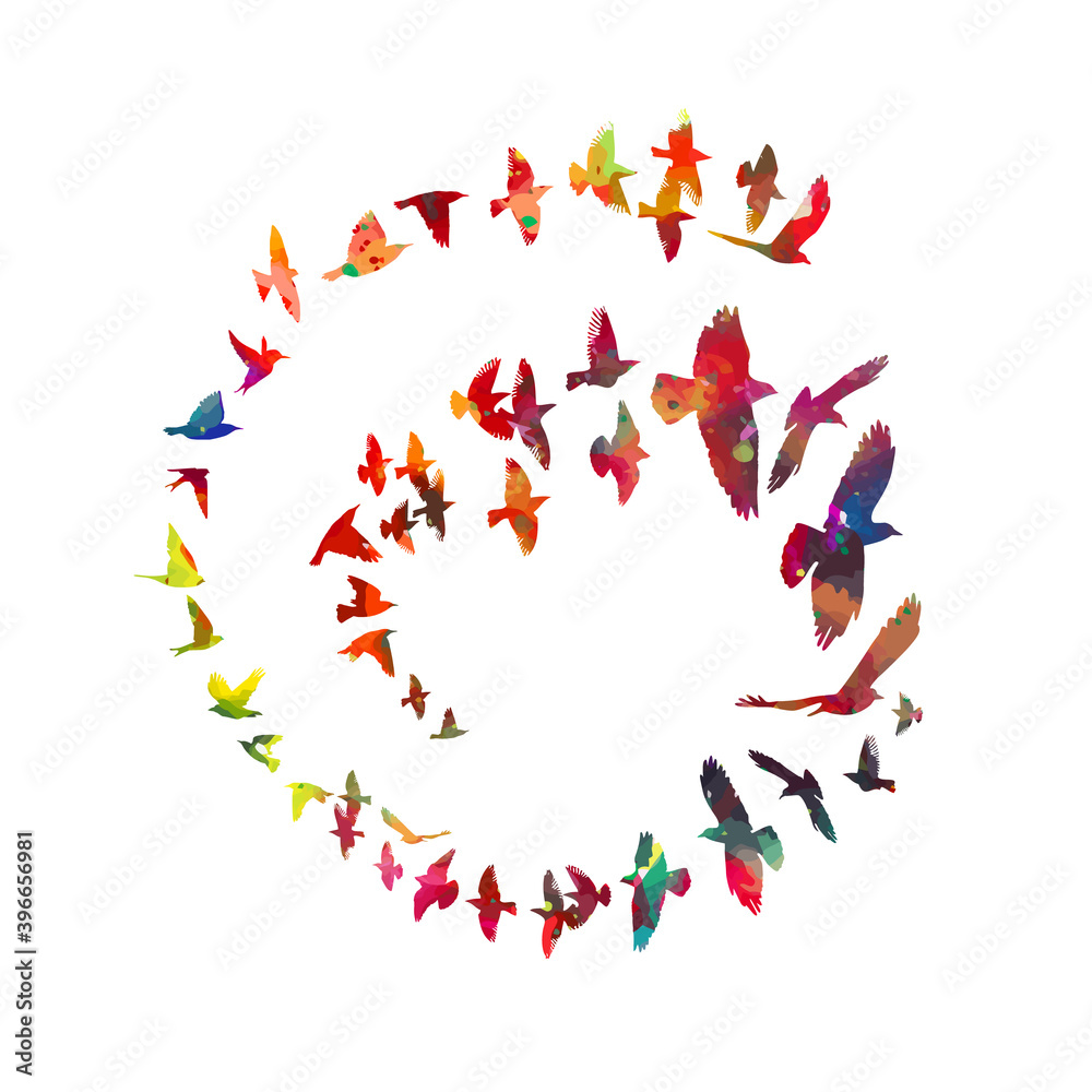 Multi-colored Birds fly in a circle. A flock of colorful birds. Mixed media. Abstraction from birds. Vector illustration Multi-colored Birds fly in a circle. A flock of colorful birds. Mixed media. Abstraction from birds. Vector illustration