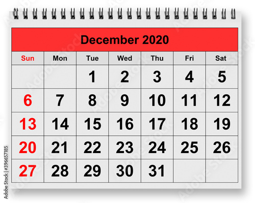 Monthly calendar - month December 2020