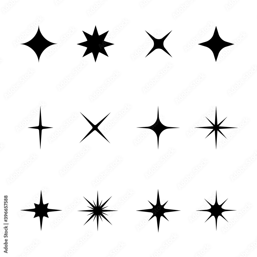 Set of black stars sparkles and twinkles symbols. Bright flash, dazzle light, shiny glow icons collection. Star light particles. Vector illustration. Set of black stars sparkles and twinkles symbols. Bright flash, dazzle light, shiny glow icons collection. Star light particles. Vector illustration.