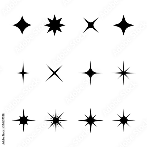 Set of black stars sparkles and twinkles symbols. Bright flash  dazzle light  shiny glow icons collection. Star light particles. Vector illustration.