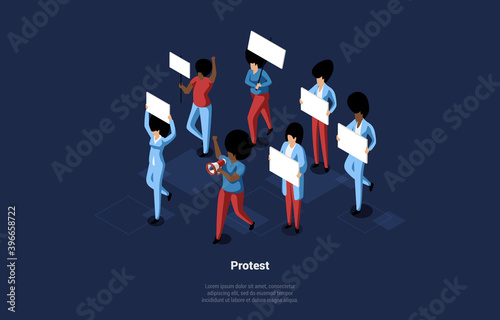 Concept Isometric Illustration In Cartoon 3D Style With Writings On Dark Background. Vector Composition Of Group Of People Going On Protest. Male And Female Characters With Tablets And Loudspeaker