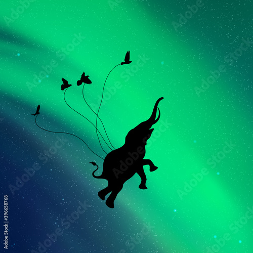 Flying elephant and birds silhouettes in sky at night. Aurora borealis