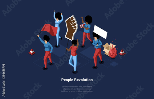 People Revolution Conceptual Vector Illustration. Isometric Composition In Cartoon 3D Style. Group Of Male And Female Characters Walking While Holding Tablet, Flag And Loudspeaker. Fire On Background