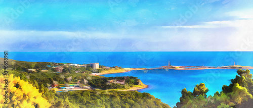 Beautiful seascape at summer day, Black Sea, colorful painting looks like picture.