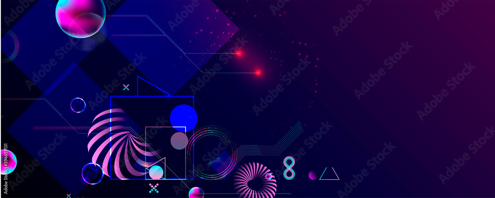 Neon techno christmas tree science space abstraction background. Cosmos blue dark retro futuristic 3d starry sky glowing galaxy and planets blue