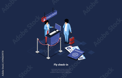 Flight Check In Vector Illustration On Dark Background. Isometric Composition In Cartoon 3D Style With Writings. Airport Indoor Objects And Two Characters At Passport Control Verificating Documents