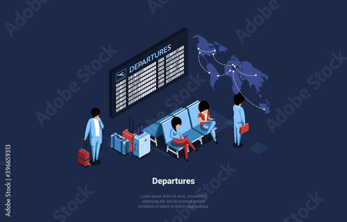 Illustration Of Airport Indoors With Timetable Screens And Sittings. Vector Composition In Cartoon 3D Style With Departure Writing On Dark Background. Isometric Art With People Waiting For Planes