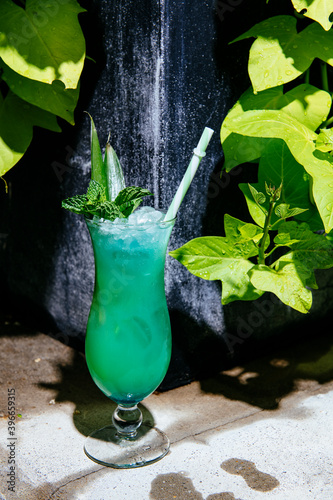 Close up of curacao punch served on table
