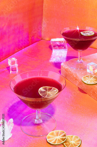 Hibiscus ginger lime spritzer served on table