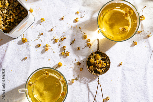 Overhead view of Egyptian chamomile tea served on table