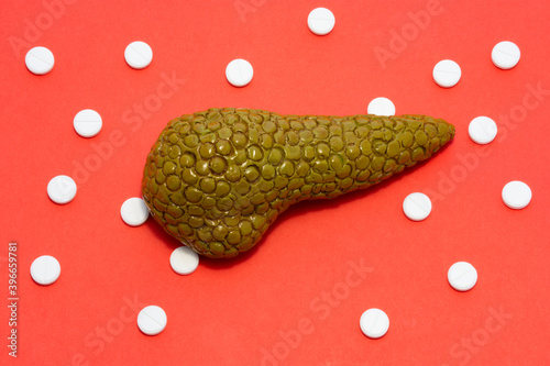 Fotografie Anatomical realistic figure or model of human or animal pancreas gland on red background, surrounded by white tablets or pills, which are arranged in polka-dot ornament