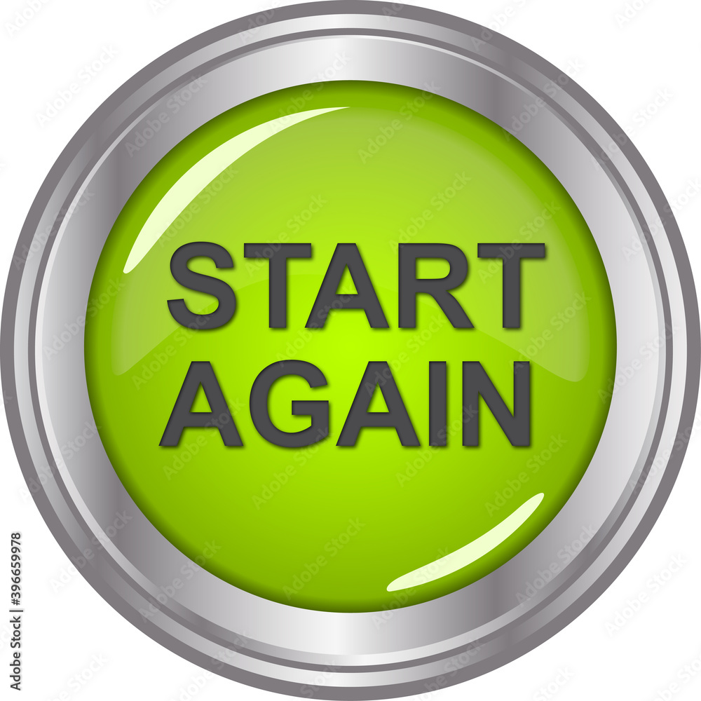 green start again button with metal frame isolated on white green start again button with metal frame isolated on white