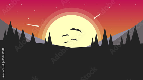 Beautiful landscape with a big setting sun and stars against the background of dark trees and hills. Birds fly in the distance. Vector illustration