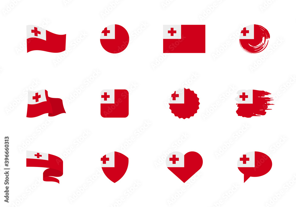 Tonga flag - flat collection. Flags of different shaped twelve flat icons. Tonga flag - flat collection. Flags of different shaped twelve flat icons.