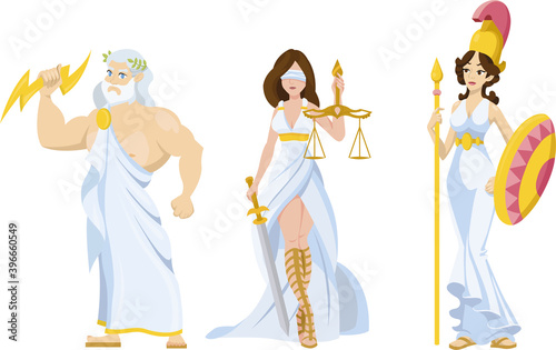roman greek gods people historical characters Zeus Athena Themis cartoon style 2D graphics