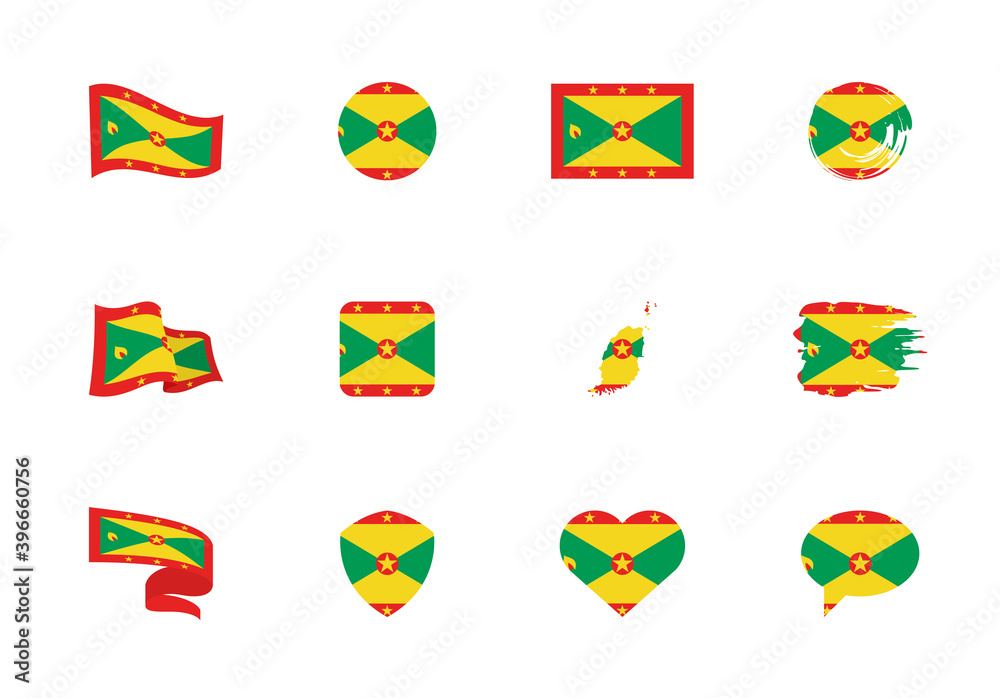 Grenada flag - flat collection. Flags of different shaped twelve flat icons. Grenada flag - flat collection. Flags of different shaped twelve flat icons.