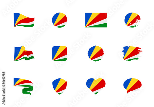 Seychelles flag - flat collection. Flags of different shaped twelve flat icons.